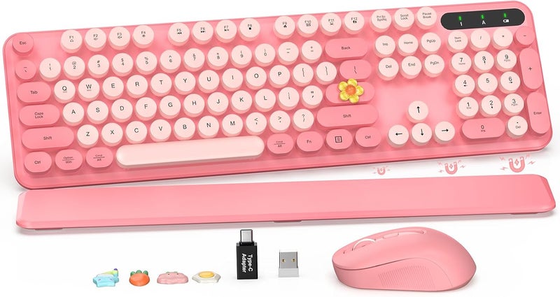 SABLUTE Wireless Keyboard and Mouse Combo, Retro Keyboard with Round Keycaps, Full-Size Typewriter Style Keyboard with Detachable Wrist Rest, 2.4GHz Only Cordless Connection for Windows/PC/Laptop (Baby Pink) - Image 1